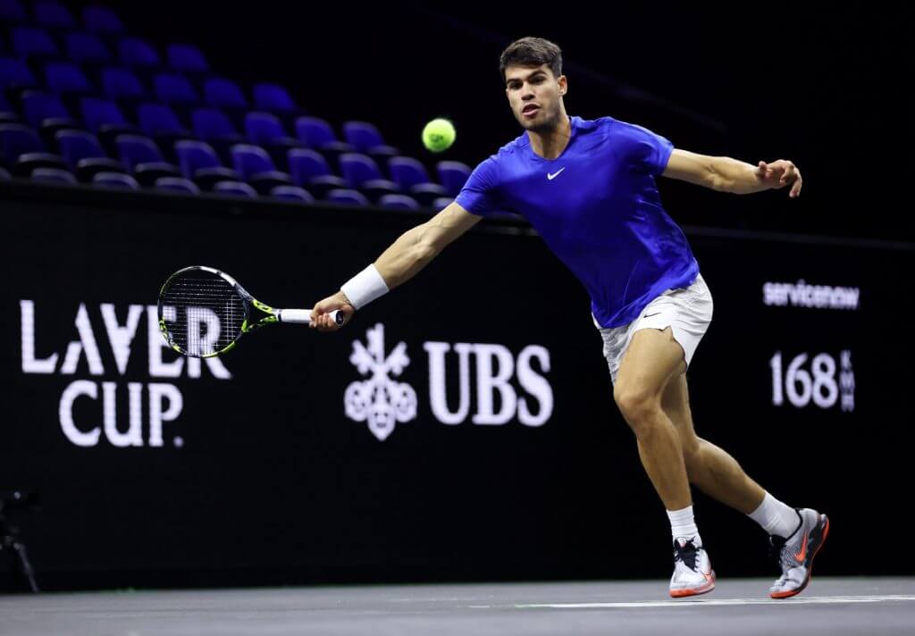 Carlos Alcaraz, tries to catch the ball while in practice for the Laver Cup. Alcaraz will lead Team Europe in this year's tournament