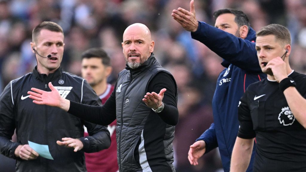 Man United manager Erik Ten Hag gestures to a referee following his team's recent match against West Ham on Sunday. Ten Hag questions VAR call after United lost to West Ham