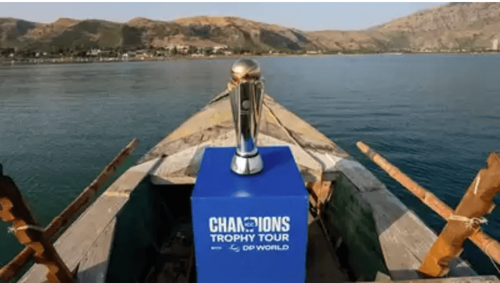 The ICC Champions Trophy trophy is on displat inside a boat amid its Trophy Tour in file photo. ICC board meeting set to finalize Champions Trophy 2025 schedule