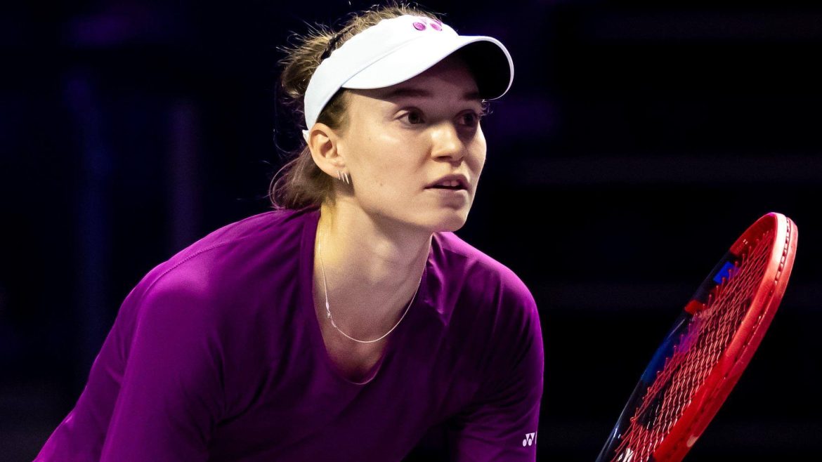 Elena Rybakina, in purple shirt, in action in old file photo. Rybakina stuns Sabalenka in WTA Finals