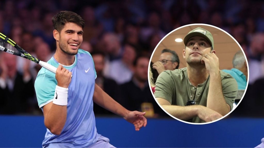Spain's Carlos Alcaraz (left, in blue shirt and shorts) pumps his fist while retired American tennis legend Andy Roddick (right, inset) looks on in file photo. Alcaraz needs 'to learn how to schedule' 2025 calendar, says Roddick.