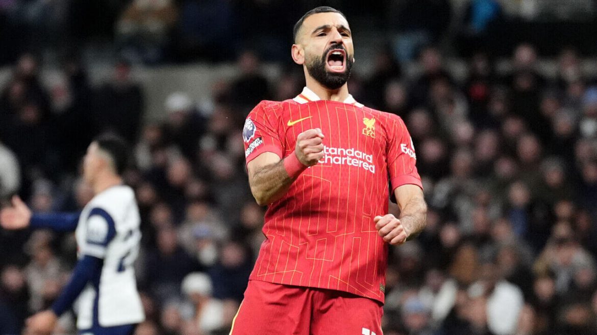 Egyptian forward Mohamed Salah celebrates a moment in Liverpool's match against Tottenham on Sunday.Salah sets EPL Christmas record in Liverpool win over Tottenham