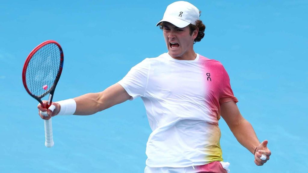 Brazilian Joao Fonseca lets out a roar during a match at the 2025 Australian Open. Fonseca is youngest since Alcaraz to reach ATP top 100 rankings