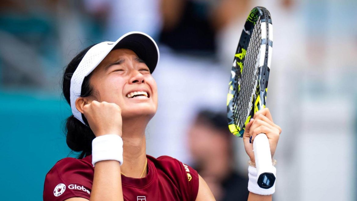 Alexandra Eala fromn the Philippines pumps her fist and roars in celebration after her match against Poland's Iga Swiatek in South Florida on Wednesday. Eala stuns Swiatek to reach Miami Open semis