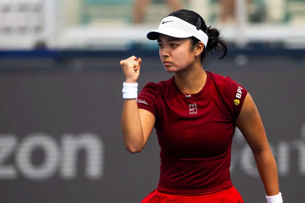 Alexandra Eala from the Philippines pumps her fist at the Miami Open in file photo. Eala surges to No.75 in WTA rankings after Miami run