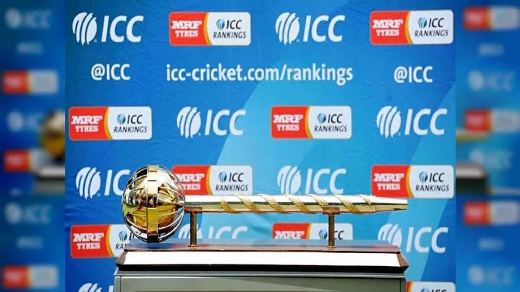 Logos of the International Cricket Council (ICC) are displayed in the background of a banner for a news confence in file photo. ICC mulls WTC points system change for 2025-27 cycle