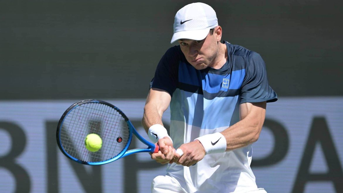 Britain's Jack Draper takes a shot in his match against Taylor Fritz at Indian Wells on Wednesday. Draper ousts Fritz to reach Indian Wells QF