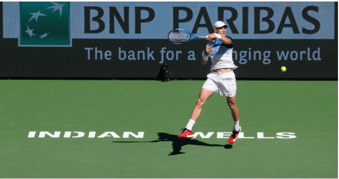 Britain's Jack Draper flicks out a shot in his match against Taylor Fritz at Indian Wells on  Wednesday. Draper ousts Fritz to reach Indian Wells QF