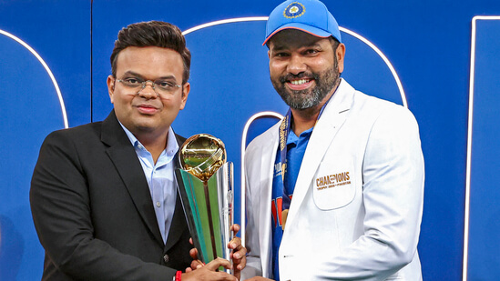 ICC chair Jay Shah (left) hands the trophy to India team captain Rohit Sharma (right) after India's title win over New Zealand in Dubai on Sunday. ICC Champions Trophy tournament director and Pakistan representative Sumair Ahmed was in Dubai to attend the CT2025 final between India and New Zealand on Sunday. ICC urged to explain Ahmed absence in CT2025 final ceremony