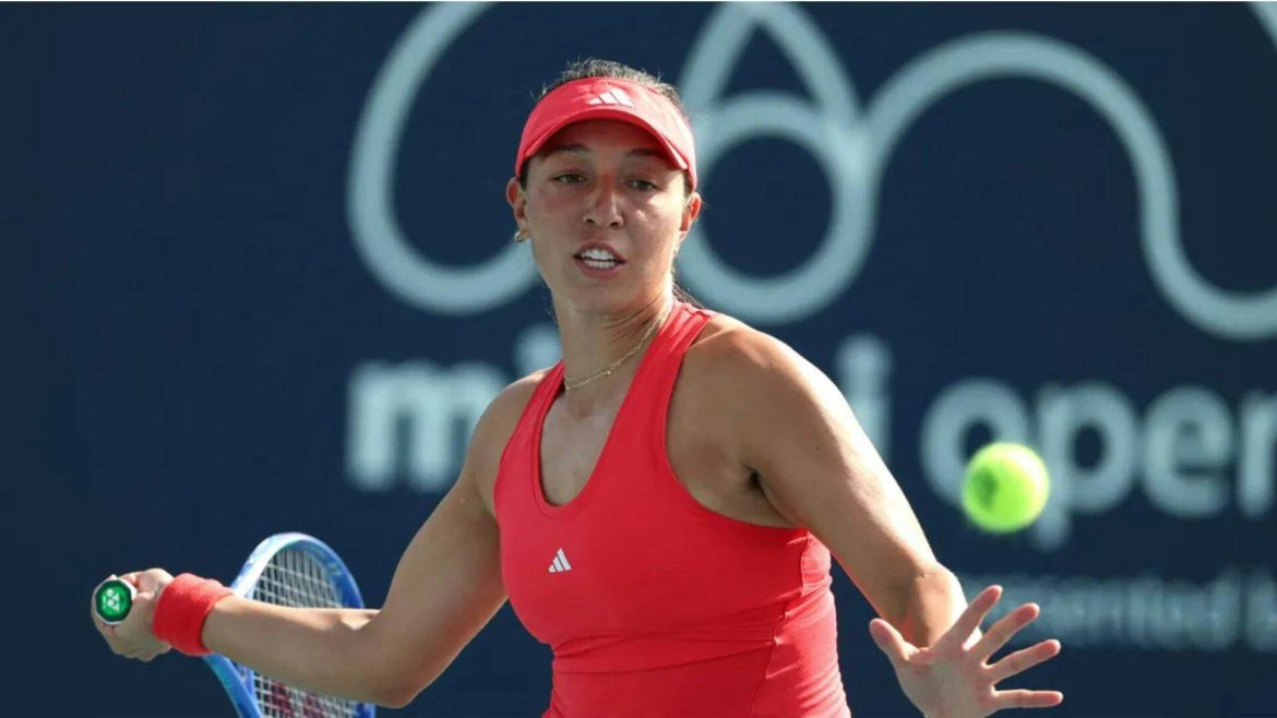 American Jessica Pegula returns a shot against Britain's Emma Raducanu in their match on Weednesday. Pegula ousts Raducanu, to face Eala in Miami Open semifinals