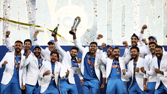 Members of Team India, led by team captain Rohit Sharma,  celebrate with the Champions Trophy 2025 hardware after beating New Zealand in the final in Dubai on Sunday. Sharma addresses retirement after India's Champions Trophy title