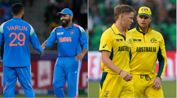 India bowler Varun Chakravarthy (left) and skipper Rohit Sharma (right ) shhok hands at a light moment at a recent Champions Trophy 2025 match. India, New Zealand in Champions Trophy semis; Varun 'nervous'