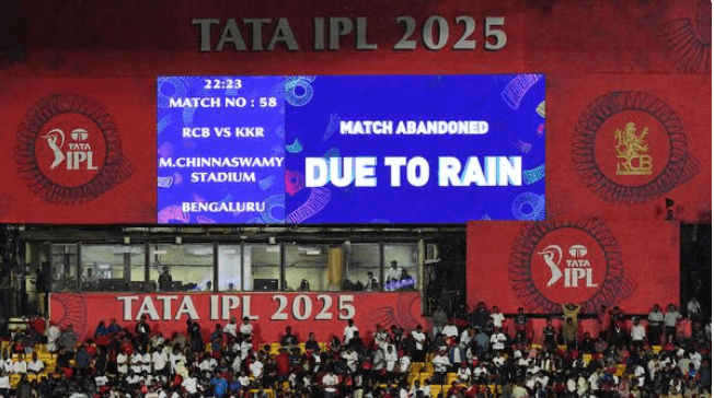 A video monitor showing the TATA IPL 2025 matches being postponed was shown to the public in file photo. BCCI approves IPL 2025 playoffs venue changes amid rain threat