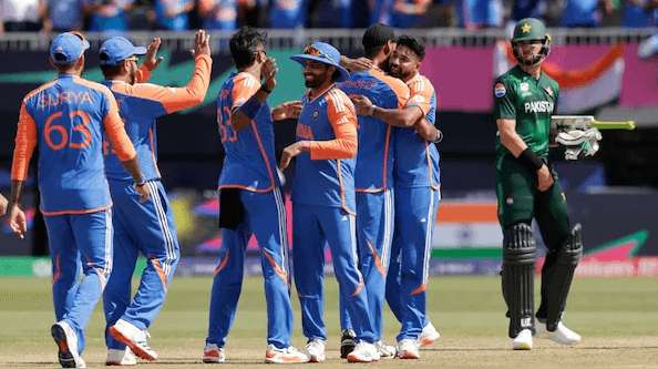 Players from India (in blue, left) celebrate while a player from Pakistan (in greenm right) looks on at a T20 world Cup 2025 match in June last year. Gambhir calls for India boycott of cricket matches vs Pakistan