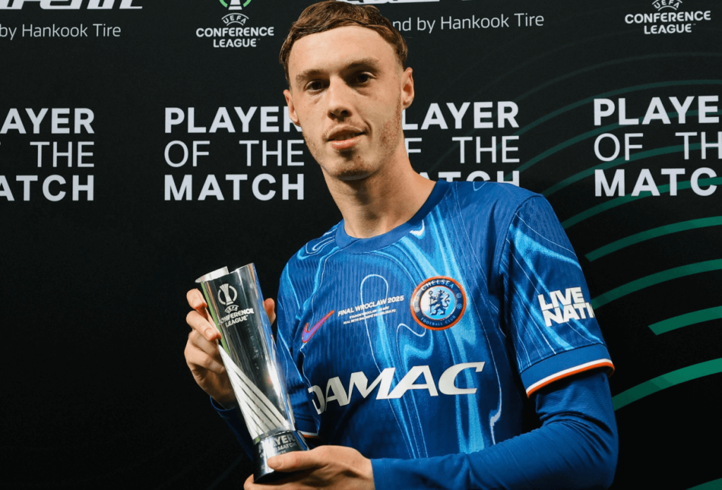 Midfielder Cole Palmer holds a trophy as he was adjudged Player of the Match for helping Chelsea win the UEFA Conference League title on Wednesday. Real Betis vs Chelsea saw Blues win UEFA Conference League