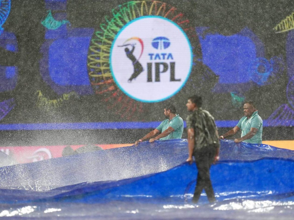 A logo of the Indian Premier League (IPL) is shown even as rain continues to pour in at the Rajiv Gandhi International Stadium on Monday. DC vs SRH match washed out; Sunrisers out of IPL playoff race