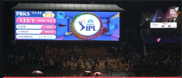 The scoreboard at the Dharamsala stadium was well lit while darkness crept at the pitch due to a technical failure during an IPL 2025 match on Thursday. Punjab Kings vs Delhi Capitals called off due to floodlight failure