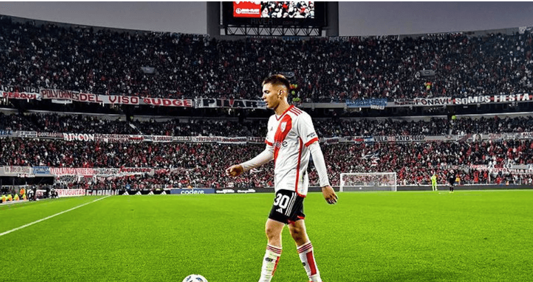 River Plate midfielder Franco Mastantuono walks slowly in the field at a recent River Plate match in file photo. Mastantuono eyed by Argentina for 2026 FIFA World Cup qualifiers
