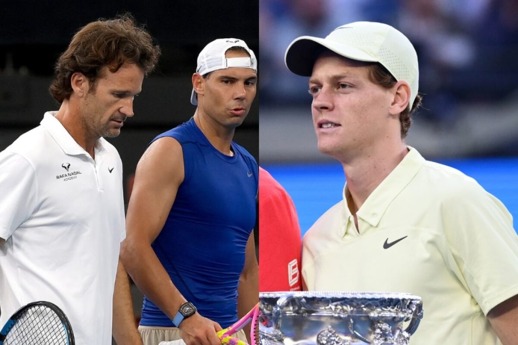 Italy's Jannik Sinner (right) hoists a trophy while left photo shows retired Spanish tennis great and coach Carlos Moya (in white) and Rafael Nadal (in blue) walking together in file photo. Sinner to tap Carlos Moya as new coach in 2026: report