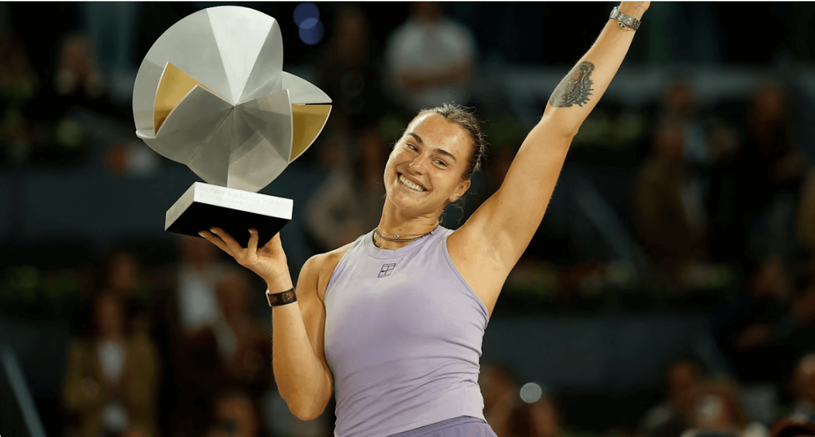 Belarus' Aryna Sabalenka beams with her trophy after her Madrid Open final against American Coco Gauff on Saturday. Sabalenka tops Gauff for 3rd Madrid Open title