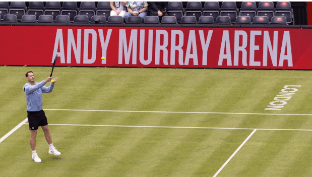 British tennis legend Andy Murray tries out the Queen's Club Centre Court renamed as The Andy Murray Arena. Murray not ruling out coaching return after split from Djokovic