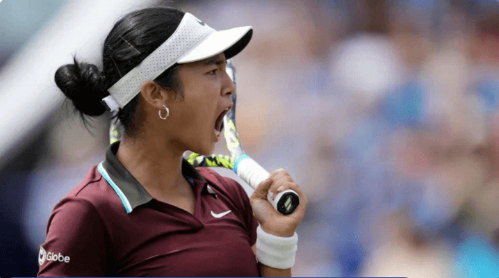 Alexandra Eala from the Philippines lets out a roar after her semifinal win at the Lexus Eastbourne Open in file photo. Eala rises to No.56 amid Eastbourne final loss, eyes Wimbledon next