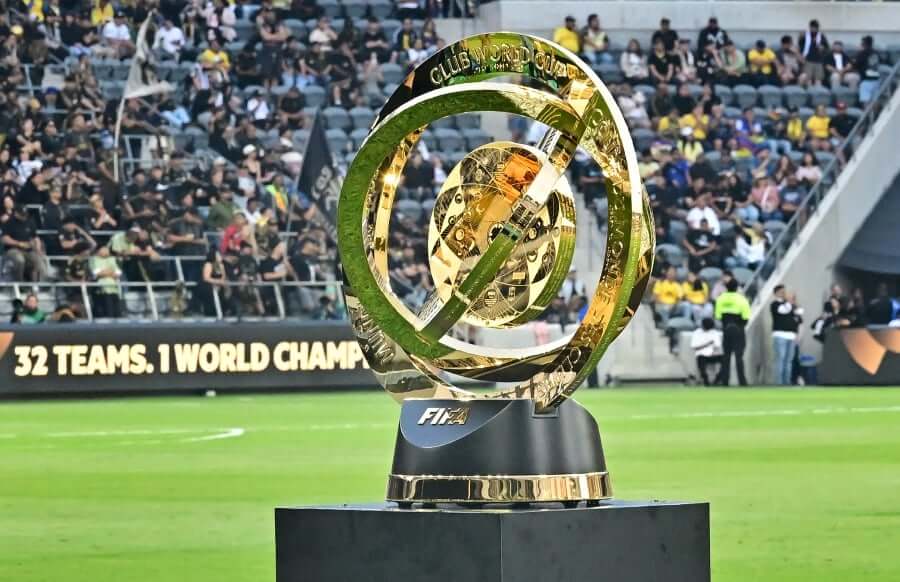 The FIFA Club World Cup 2025 trophy is on display at a pitch in file photo. Club World Cup to serve as appetizer before FIFA World Cup 2026