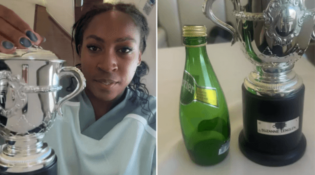 American Coco Gauff poses with her French Open replica trophy (left) along with the trophy paired with a Perrier water bottle (right) in a screenshot of her viral Tiktok video. Gauff's viral 'smaller' replica trophy video leads to Murray rant