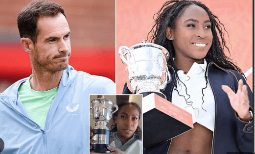 Retired British legend Andy Murray (left) was the first to comment on the viral video by American Coco Gauff (left) where she showed her small replica trophy (inset) to her Tiktok fans. Gauff's viral 'smaller' replica trophy video leads to Murray rant
