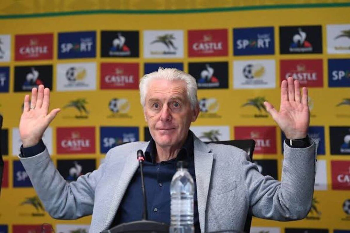 South Africa coach Hugo Broos gestures as he fields questions at a news conference in file photo. Broos to retire as South Africa coach after FIFA World Cup 2026