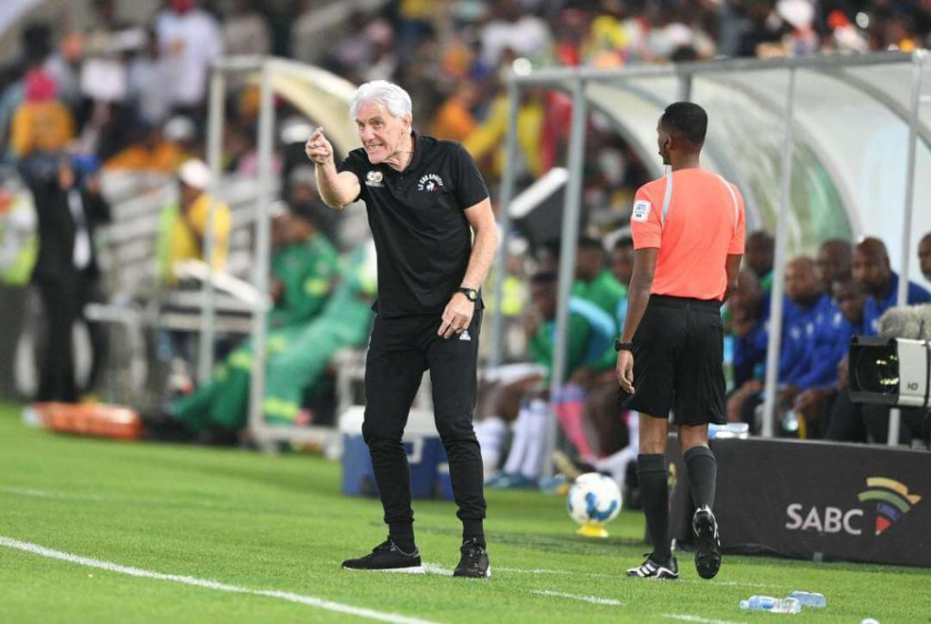 South Africa coach Hugo Broos gives instructions to his players in the pitch at a match in file photo. Broos to retire as South Africa coach after FIFA World Cup 2026