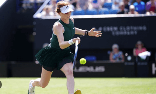Australiua's Maya Join chases the ball for a shot against Britain's Emma Raducanu at the Lexus Eastbourne Open on Wednesday. Eastbourne Open sees Eala reach last 8; Joint ousts Raducanu