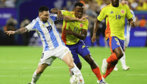 Superstar Lionel Messi (10, left) tries to protect the ball from two Colombian defenders as he started for Argentina in their FIFA World Cup 2026 qualifying match on Tuesday. Almada late goal saves Argentina in draw vs Colombia; Messi starts