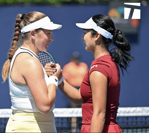 Latvia's Jelena ostapenko (lft) and Alexandra Eala from the Philippines (right) shake hands at center court after their match at the Lexus Eastbourne Open on Wednesday. Eastbourne Open sees Eala reach last 8; Joint ousts Raducanu