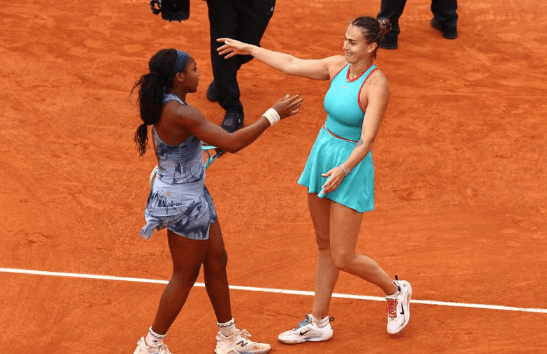 Belarus' Aryna Sabalenka (left) and American Coco Gauff (right) are about to embrace at center short after their French Open 2025 women's singles final won by Gauff on Saturday. Gauff felt Sabalenka 'a bit emotional' on French Open comments