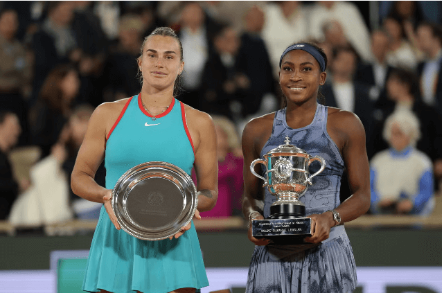 American Coco Gauff (right) and Belarus' Aryna Sabalenka (left) pose for photographers with their trophies after their French Open 2025 women;s singles final on Saturday. Alcaraz beats Sinner, win French Open title; Gauff tops Sabalenka