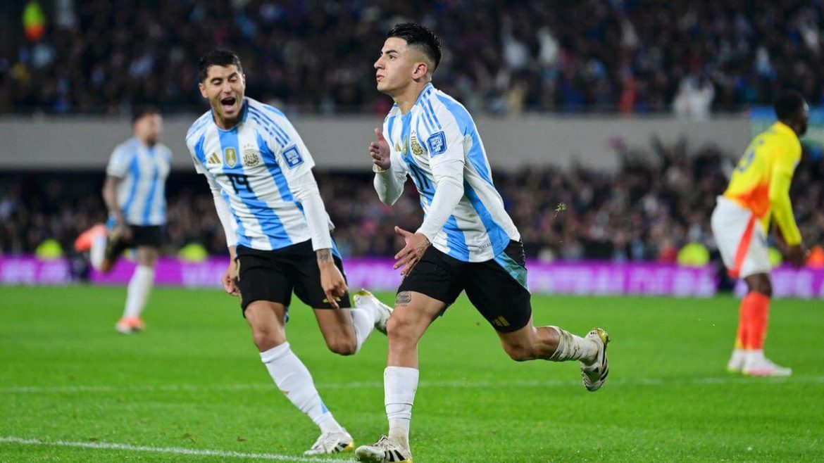 Thiago Almada Argentina vs Colombia 2026 FWC2 (1) Midfielder Thiago Almada (right) is about to pound his chest as he celebrates with a teammate after he scored a late equalizer for Argentina against Colombia in their FIFA World Cup 2026 qualifying match in Buenos Aires on Tuesday. Almada late goal saves Argentina in draw vs Colombia; Messi starts