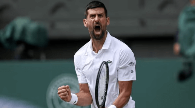 Serbia's Novak Djokovic lets out a roar in his round-of-16 Wimbledon match against Alex de Minaur on Monday. Sinner in Wimbledon last 8 as Dimitrov retires; Djokovic advances