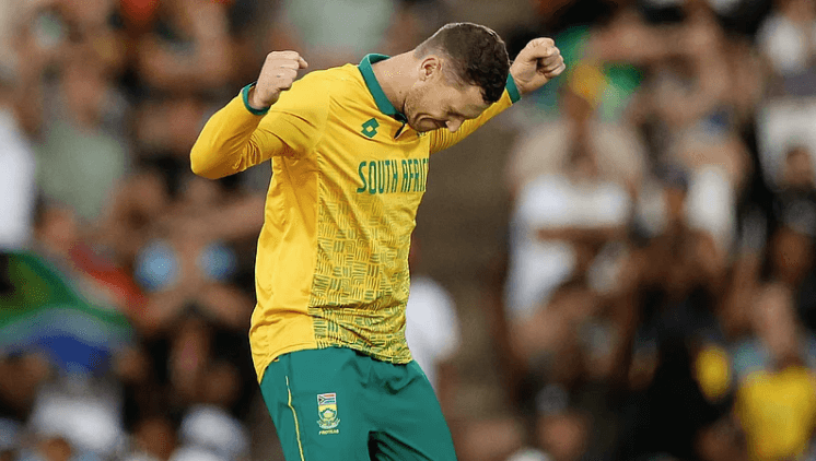 George Linde raises his arms for South Africa against Zimbabwe in a T201 triangular series opener on Monday. Zimbabwe vs South Africa sees Proteas draw first blood in opener