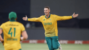 George Linde raises his arms and roared as he held his head high for South Africa against Zimbabwe in a T201 triangular series opener on Monday. Zimbabwe vs South Africa sees Proteas draw first blood in opener