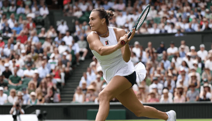 Belarus' Aryna Sabalenka stretches for a shot against Marie Bouzkova in a Wimbledon match on Wednesday. Alcaraz dumps Tarvet at Wimbledon; Sabalenka lone top 5 seed left