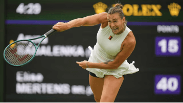 Belarus' Aryna Sabalenka powers her way to a shot against Elize Mertens in a Wimbledon round-of-16 match on Sunday. Alcaraz tops Rublev to get Wimbledon last 8; Sabalenka in quarters