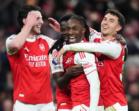 Our Arsenal vs Tottenham highlights featured Eberechi Eze (middle) being congratulated by his teammates after his second goal.
